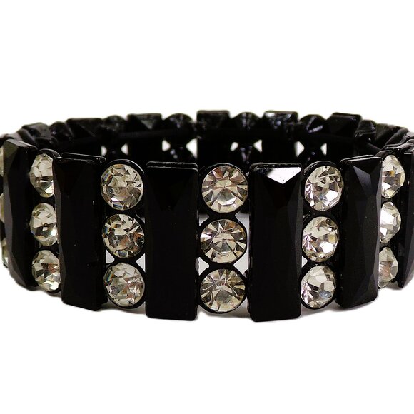 Black glass and clear crystal stretch bracelet w/ rows of rectangle glass beads - Picture 5 of 7